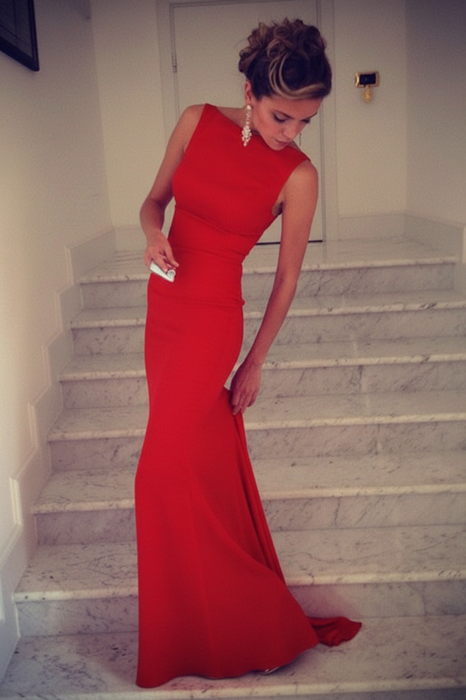 Red Trumpet/Mermaid High Neck Sleeveless Spandex Floor-Length Dresses - Prom Dresses