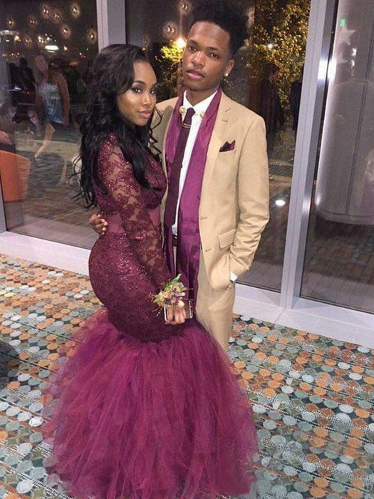 Trumpet/Mermaid Jewel Long Sleeves Applique Floor-Length Lace Dresses - Prom Dresses