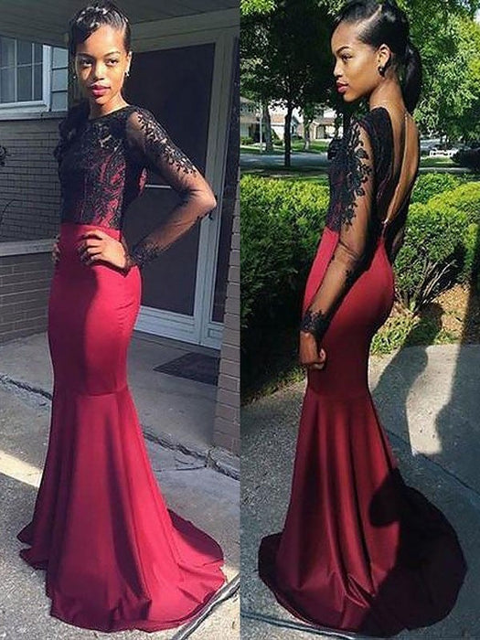 Trumpet/Mermaid Long Sleeves Bateau Elastic Woven Satin Sweep/Brush Train Dresses - Prom Dresses