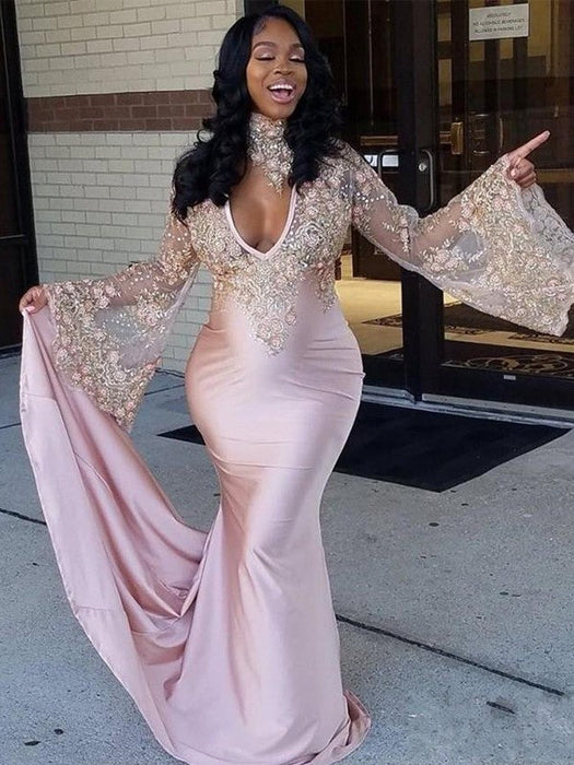 Trumpet/Mermaid Long Sleeves High Neck Chapel Train Applique Silk Like Satin Dresses - Prom Dresses