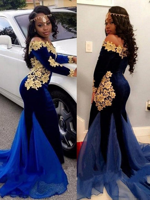Trumpet/Mermaid Long Sleeves Off-the-Shoulder Sweep/Brush Train Applique Velvet Dresses - Prom Dresses