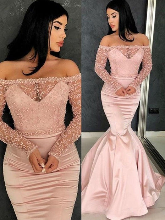 Trumpet/Mermaid Long Sleeves Off-the-Shoulder Sweep/Brush Train Ruffles Satin Dresses - Prom Dresses