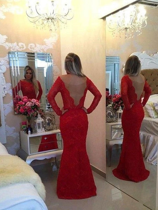 Trumpet/Mermaid Long Sleeves Scoop Lace Sash/Ribbon/Belt Sweep/Brush Train Dresses - Prom Dresses