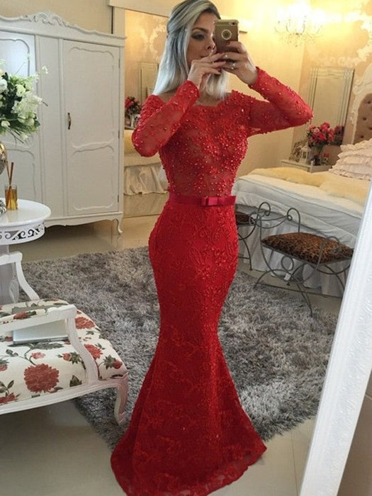 Trumpet/Mermaid Long Sleeves Scoop Lace Sash/Ribbon/Belt Sweep/Brush Train Dresses - Prom Dresses