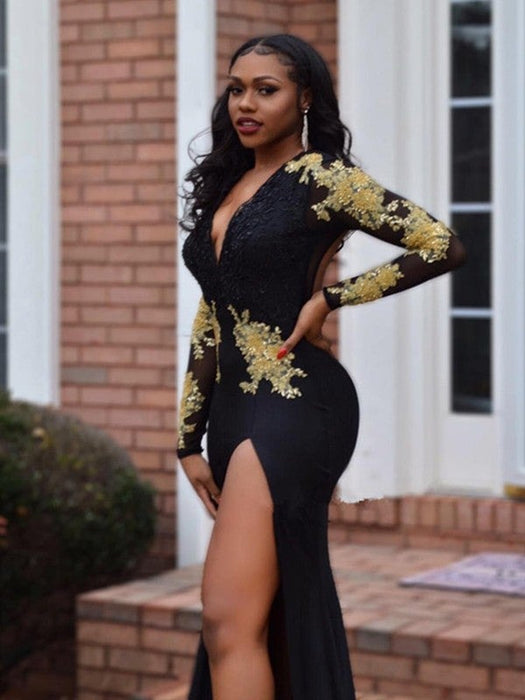 Trumpet/Mermaid Long Sleeves V-neck Court Train Spandex Beading Dresses - Prom Dresses