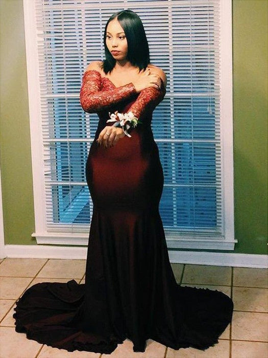 Trumpet/Mermaid Off-the-Shoulder Long Sleeves Applique Sweep/Brush Train Elastic Woven Satin Plus Size Dresses - Prom Dresses