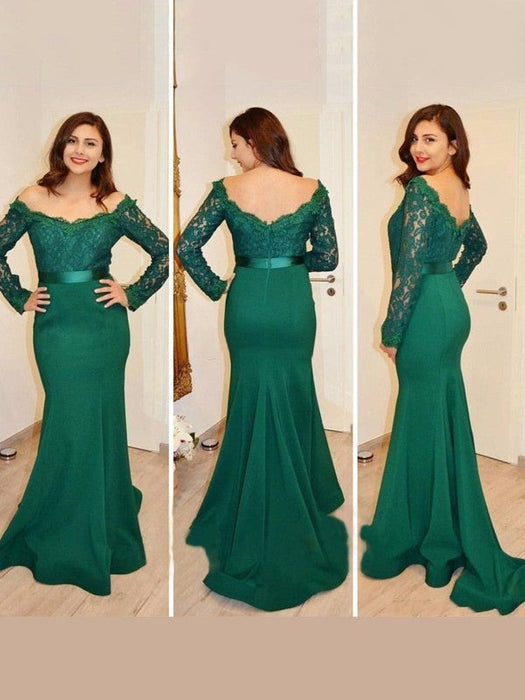 Trumpet/Mermaid Off-the-Shoulder Long Sleeves Applique Sweep/Brush Train Satin Dresses - Prom Dresses