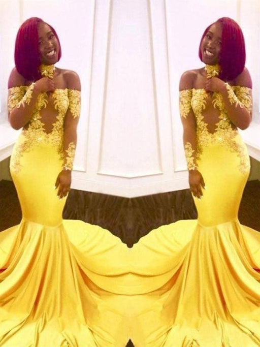 Trumpet/Mermaid Off-the-Shoulder Long Sleeves Sweep/Brush Train Applique Elastic Woven Satin Dresses - Prom Dresses