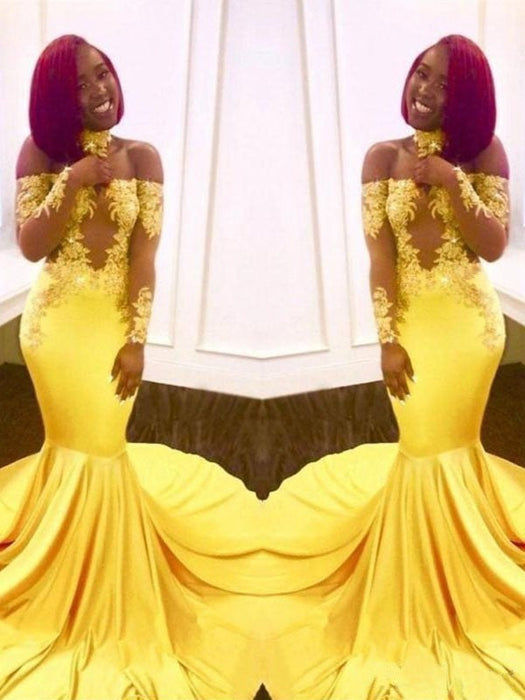 Trumpet/Mermaid Off-the-Shoulder Long Sleeves Sweep/Brush Train Applique Elastic Woven Satin Dresses - Prom Dresses