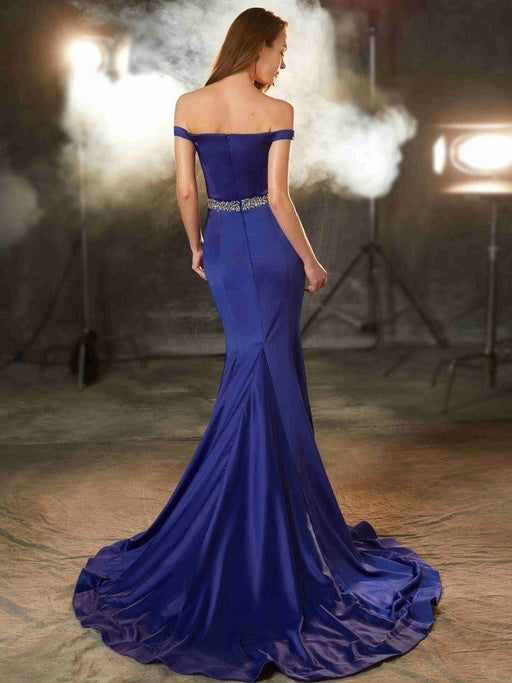 Trumpet/Mermaid Off-the-Shoulder Sleeveless Crystal Sweep/Brush Train Satin Dresses - Prom Dresses