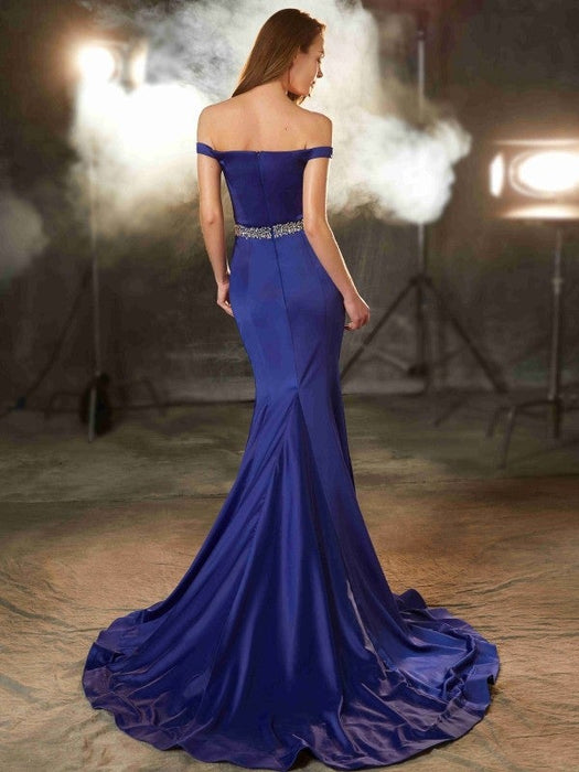 Trumpet/Mermaid Off-the-Shoulder Sleeveless Crystal Sweep/Brush Train Satin Dresses - Prom Dresses