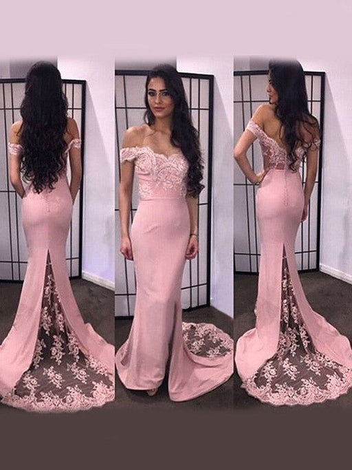 Trumpet/Mermaid Off-the-Shoulder Sleeveless Lace Satin Sweep/Brush Train Dresses - Prom Dresses