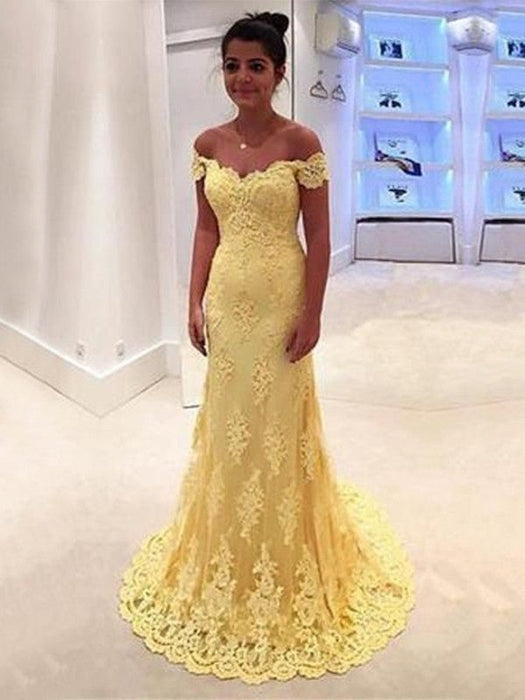 Trumpet/Mermaid Off-the-Shoulder Sleeveless Lace Sweep/Brush Train Dresses - Prom Dresses