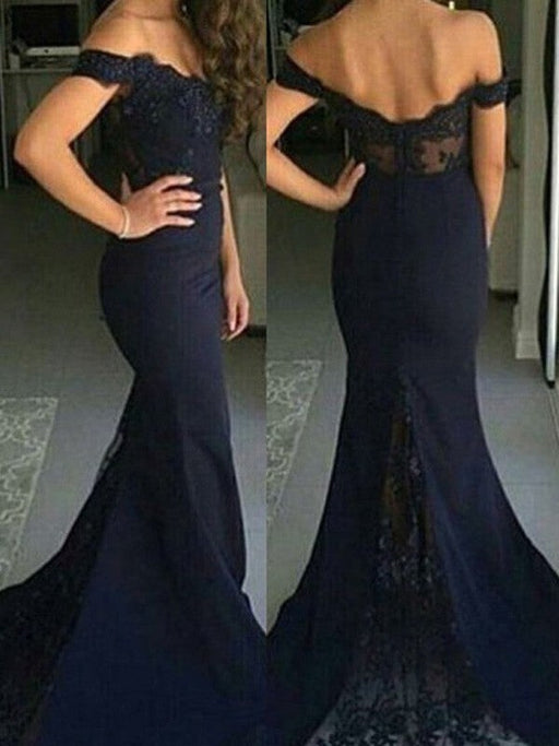Trumpet/Mermaid Off-the-Shoulder Sleeveless Lace Sweep/Brush Train Satin Dresses - Prom Dresses