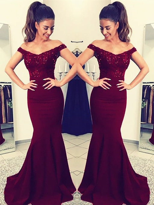 Trumpet/Mermaid Off-the-Shoulder Sleeveless Sweep/Brush Train Lace Elastic Woven Satin Dresses - Prom Dresses