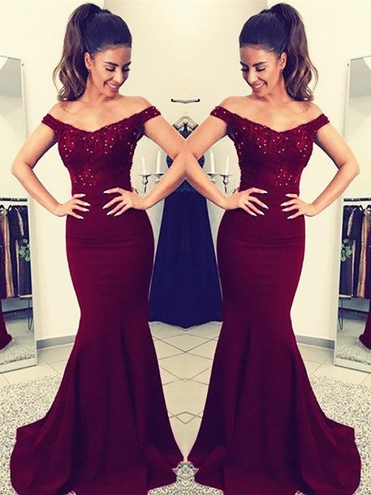 Trumpet/Mermaid Off-the-Shoulder Sleeveless Sweep/Brush Train Lace Elastic Woven Satin Dresses - Prom Dresses