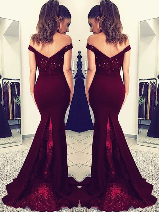 Trumpet/Mermaid Off-the-Shoulder Sleeveless Sweep/Brush Train Lace Elastic Woven Satin Dresses - Prom Dresses