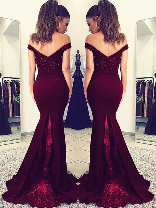 Trumpet/Mermaid Off-the-Shoulder Sleeveless Sweep/Brush Train Lace Elastic Woven Satin Dresses - Prom Dresses