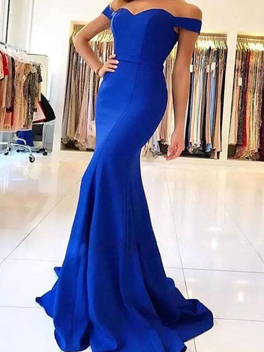 Trumpet/Mermaid Off-the-Shoulder Sleeveless Sweep/Brush Train Ruffles Satin Dresses - Prom Dresses