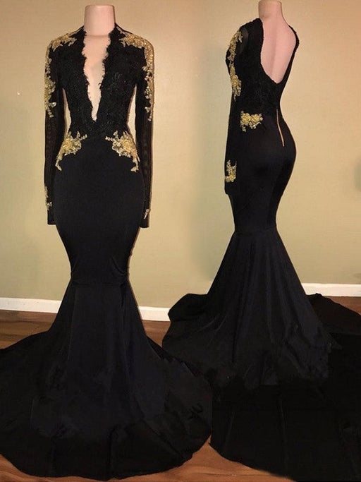 Trumpet/Mermaid Long Sleeves V-neck Sweep/Brush Train Applique Spandex Dresses - Prom Dresses