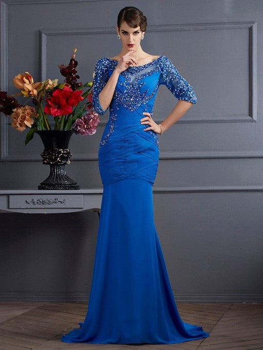 Trumpet/Mermaid Scoop 1/2 Sleeves Long Chiffon Dresses - Prom Dresses