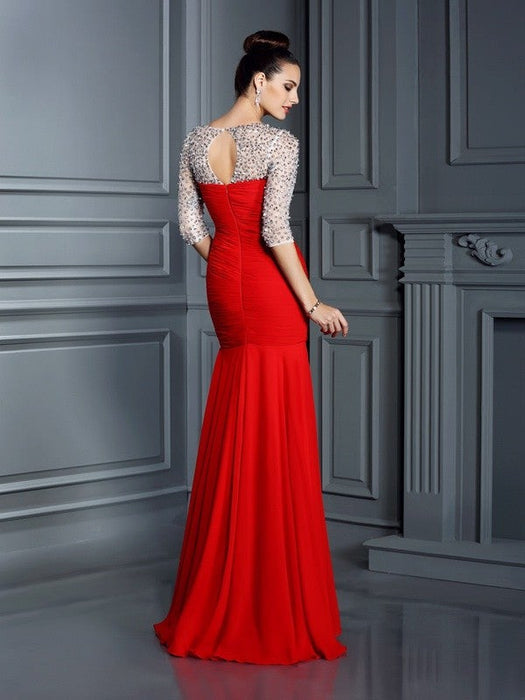 Trumpet/Mermaid Scoop Beading 3/4 Sleeves Long Chiffon Dresses - Prom Dresses