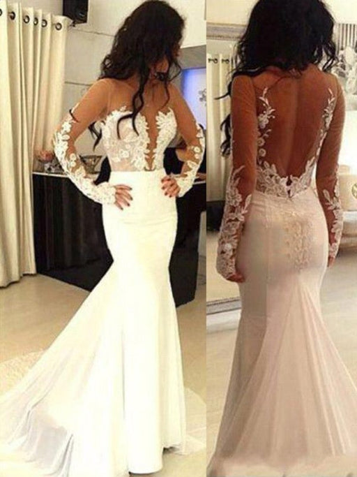 Trumpet/Mermaid Scoop Chiffon Long Sleeves Applique Sweep/Brush Train Dresses - Prom Dresses