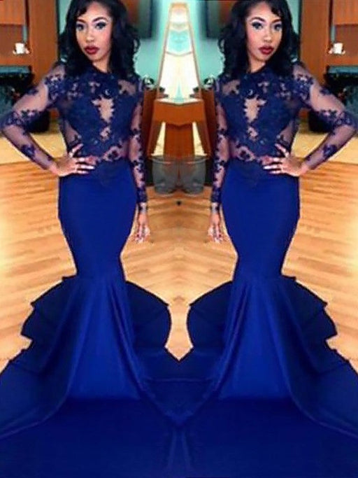 Trumpet/Mermaid Scoop Lace Elastic Woven Satin Long Sleeves Sweep/Brush Train Dresses - Prom Dresses