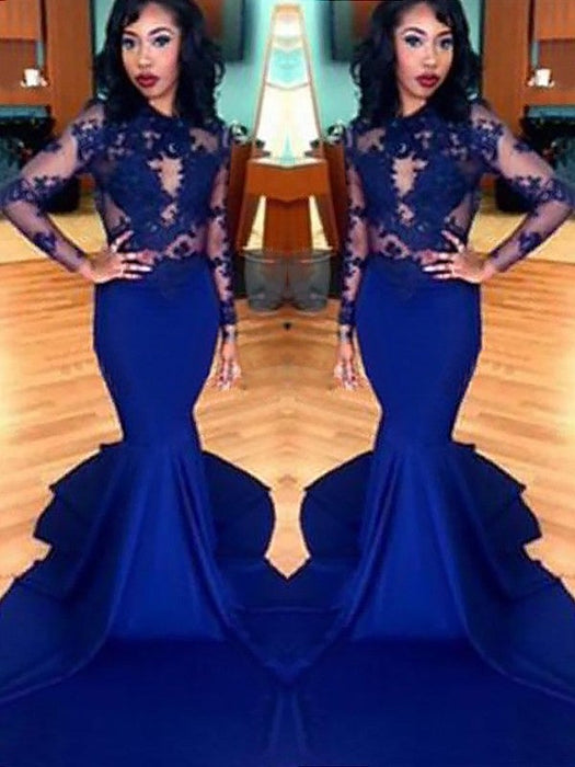 Trumpet/Mermaid Scoop Lace Elastic Woven Satin Long Sleeves Sweep/Brush Train Dresses - Prom Dresses
