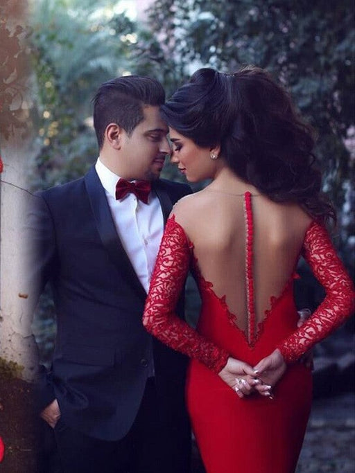 Trumpet/Mermaid Scoop Long Sleeves Applique Stretch Crepe Sweep/Brush Train Dresses - Prom Dresses