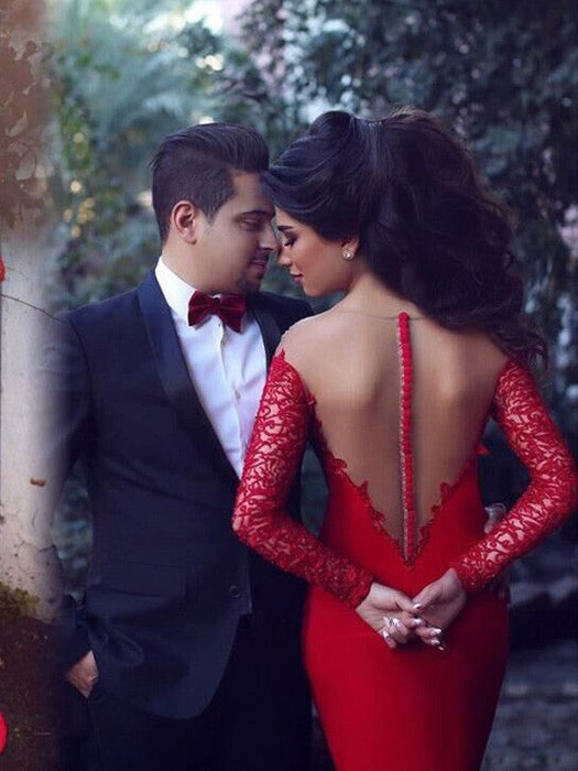 Trumpet/Mermaid Scoop Long Sleeves Applique Stretch Crepe Sweep/Brush Train Dresses - Prom Dresses