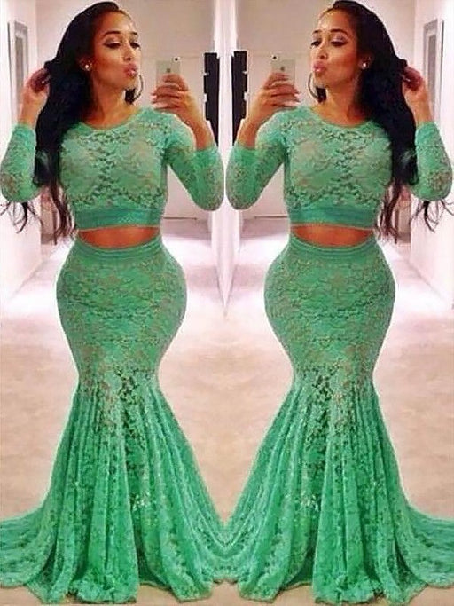 Trumpet/Mermaid Scoop Long Sleeves Lace Ruffles Sweep/Brush Train Two Piece Dresses - Prom Dresses