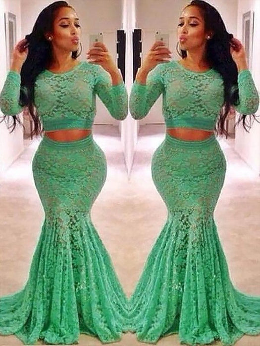 Trumpet/Mermaid Scoop Long Sleeves Lace Ruffles Sweep/Brush Train Two Piece Dresses - Prom Dresses