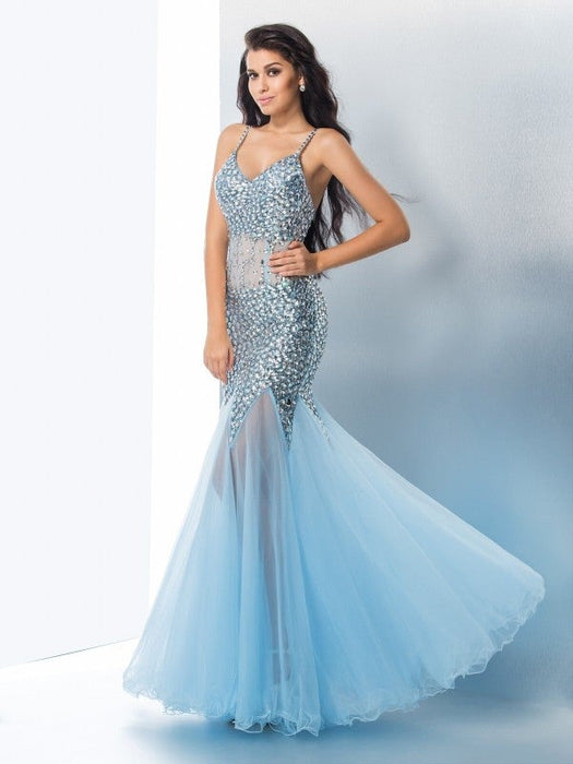 Trumpet/Mermaid Spaghetti Straps Sequin Sleeveless Long Tulle Dresses - Prom Dresses