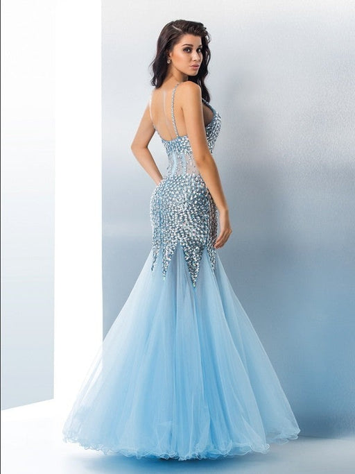 Trumpet/Mermaid Spaghetti Straps Sequin Sleeveless Long Tulle Dresses - Prom Dresses
