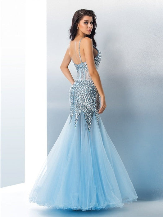 Trumpet/Mermaid Spaghetti Straps Sequin Sleeveless Long Tulle Dresses - Prom Dresses