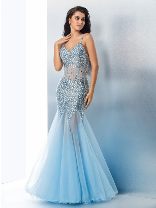 Trumpet/Mermaid Spaghetti Straps Sequin Sleeveless Long Tulle Dresses - Prom Dresses