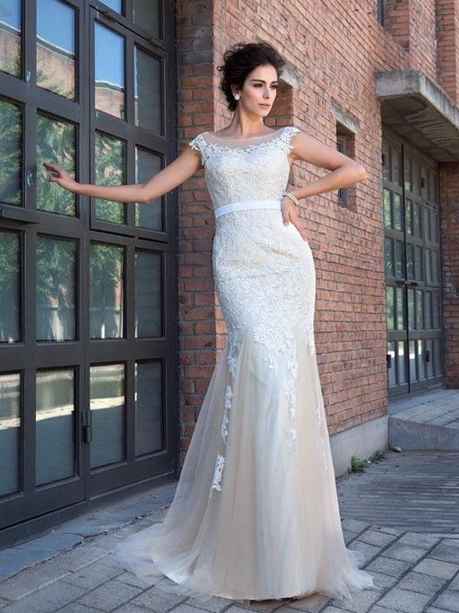 Trumpet/Mermaid Sheer Neck Applique Short Sleeves Long Net Dresses - Prom Dresses