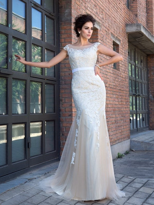 Trumpet/Mermaid Sheer Neck Applique Short Sleeves Long Net Dresses - Prom Dresses