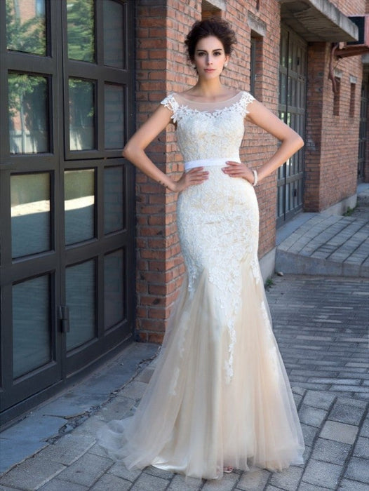 Trumpet/Mermaid Sheer Neck Applique Short Sleeves Long Net Dresses - Prom Dresses