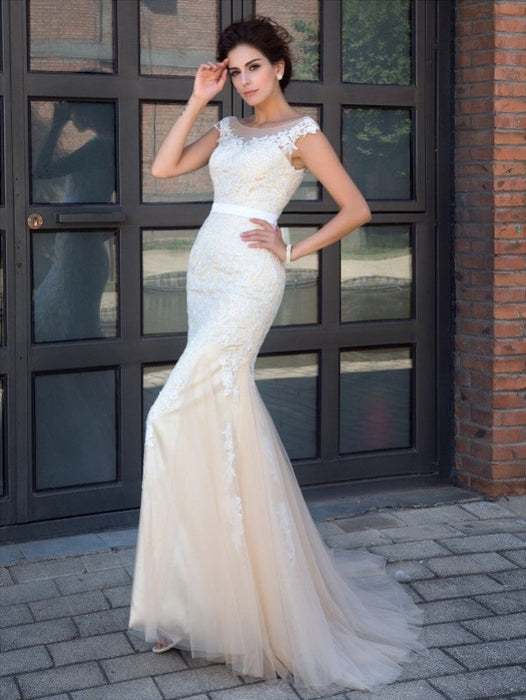 Trumpet/Mermaid Sheer Neck Applique Short Sleeves Long Net Dresses - Prom Dresses
