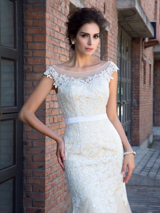 Trumpet/Mermaid Sheer Neck Applique Short Sleeves Long Net Dresses - Prom Dresses