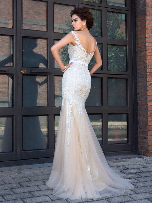 Trumpet/Mermaid Sheer Neck Applique Short Sleeves Long Net Dresses - Prom Dresses