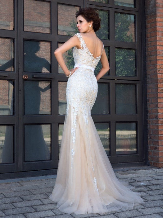 Trumpet/Mermaid Sheer Neck Applique Short Sleeves Long Net Dresses - Prom Dresses