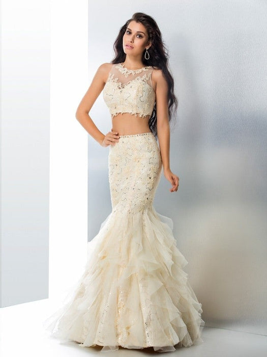 Trumpet/Mermaid Sheer Neck Beading Sleeveless Long Tulle Two Piece Dresses - Prom Dresses