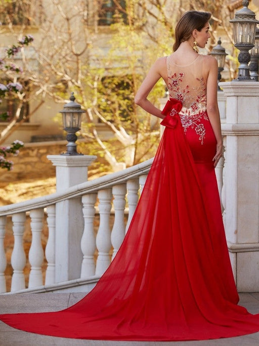 Trumpet/Mermaid Sheer Neck Sleeveless Court Train Applique Stain Dresses - Prom Dresses