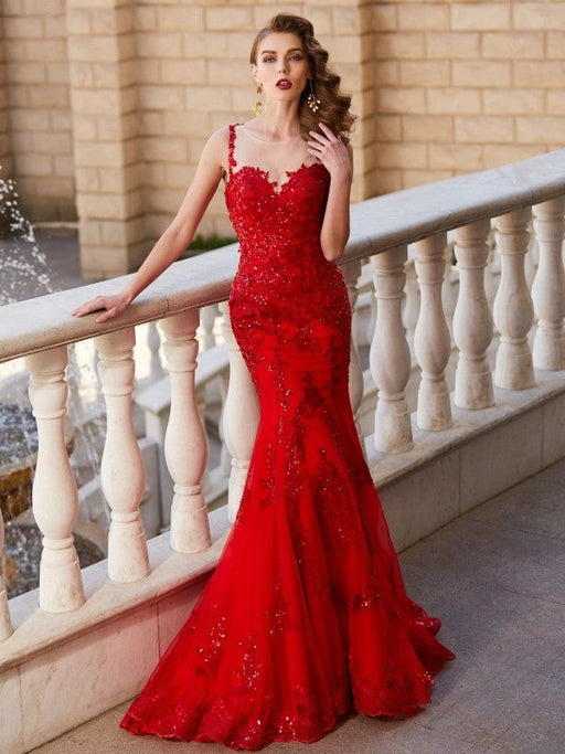 Trumpet/Mermaid Sheer Neck Sleeveless Sweep/Brush Train Applique Tulle Dresses - Prom Dresses