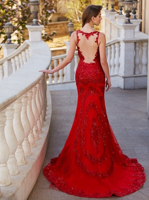 Trumpet/Mermaid Sheer Neck Sleeveless Sweep/Brush Train Applique Tulle Dresses - Prom Dresses