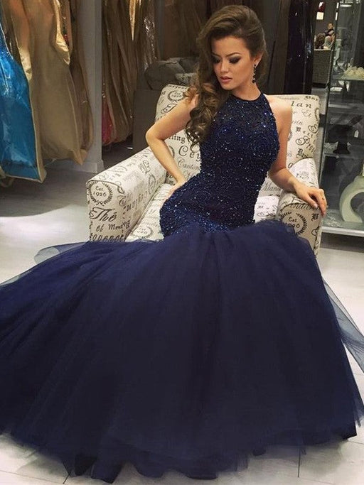 Trumpet/Mermaid Sleeveless Floor-Length Jewel Tulle Beading Dresses - Prom Dresses