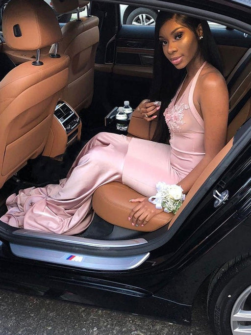 Trumpet/Mermaid Sleeveless Halter Sweep/Brush Train Applique Elastic Woven Satin Dresses - Prom Dresses